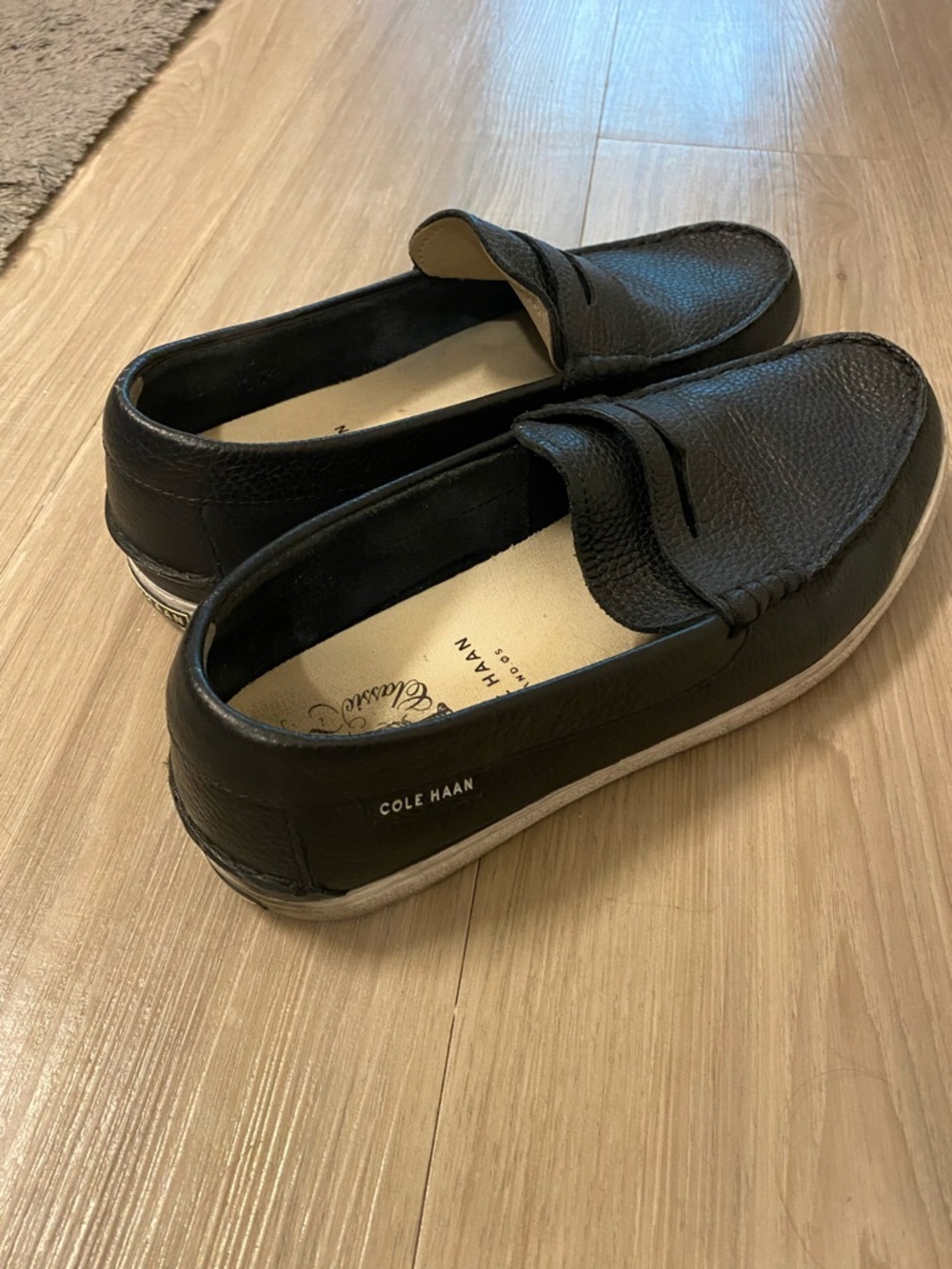 Cole Haan Black Leather Slip-On Penny Loafers with White Trim - Picture 2 of 2